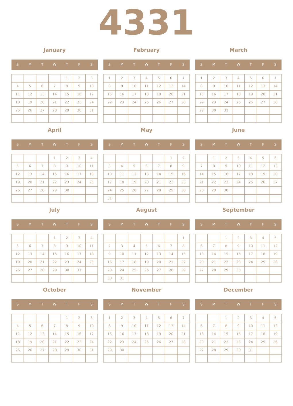 Printable 4331 Year Calendars isabelline