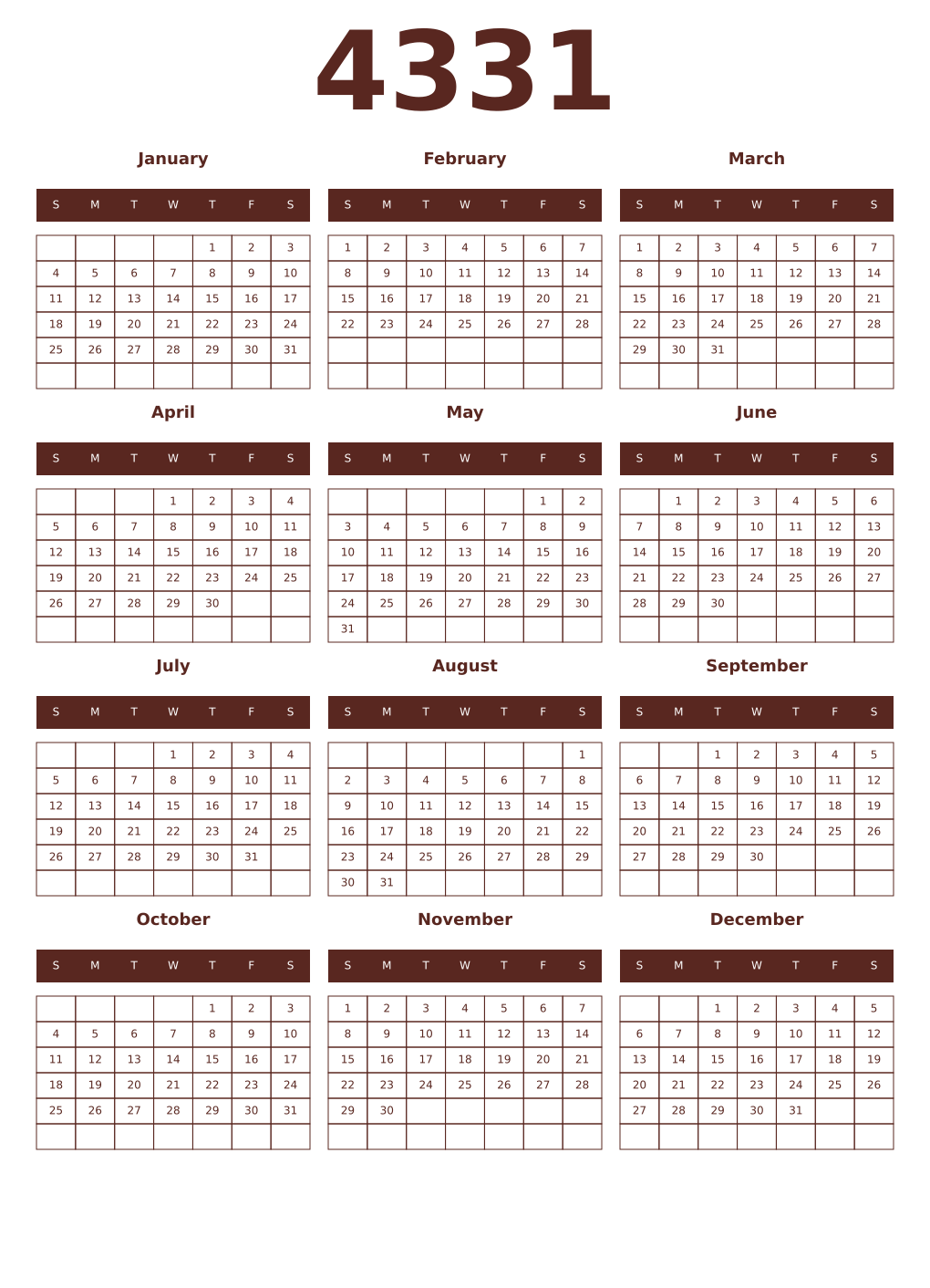 Printable 4331 Year Calendars mortuum