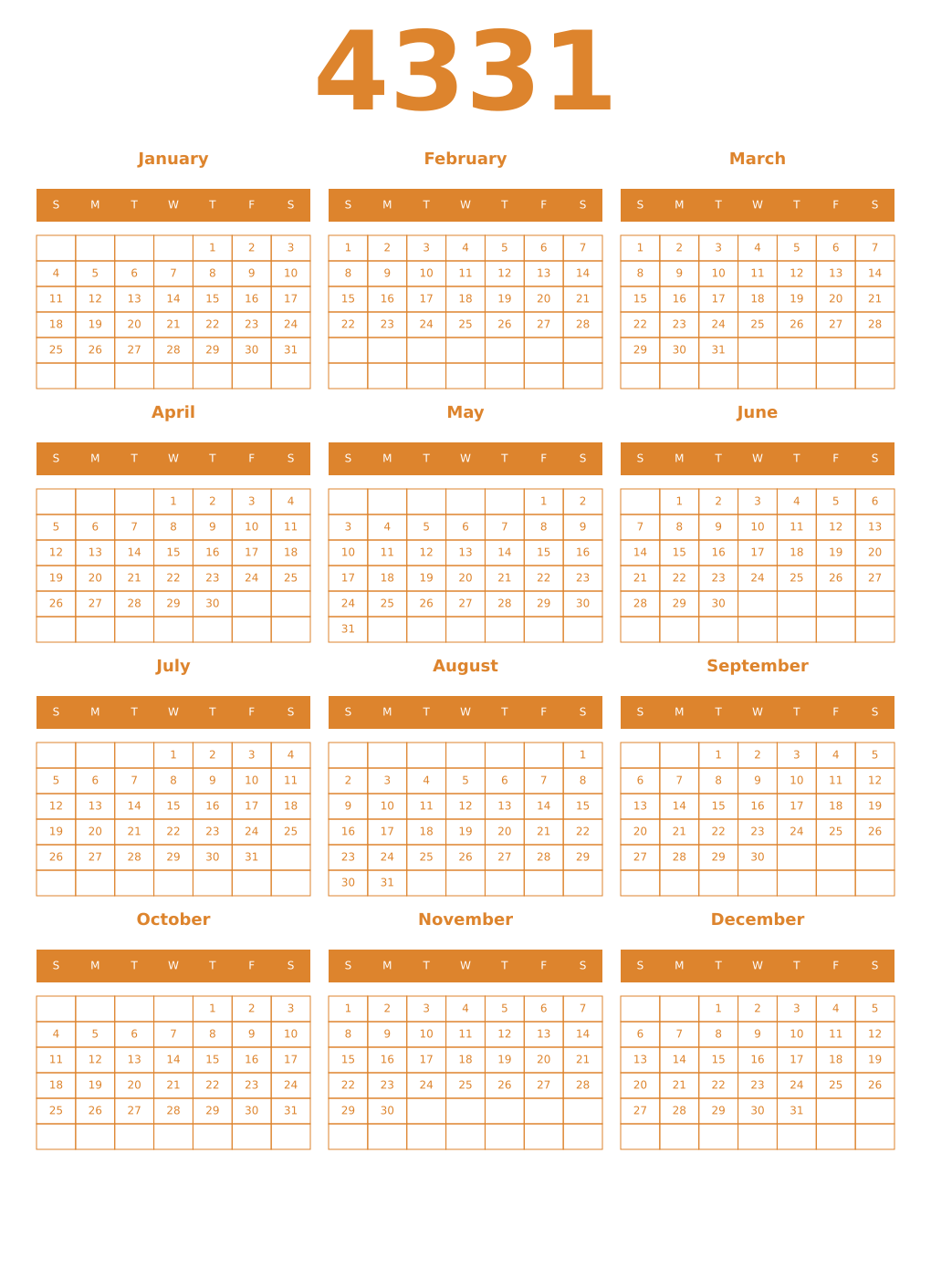 Printable 4331 Year Calendars orange