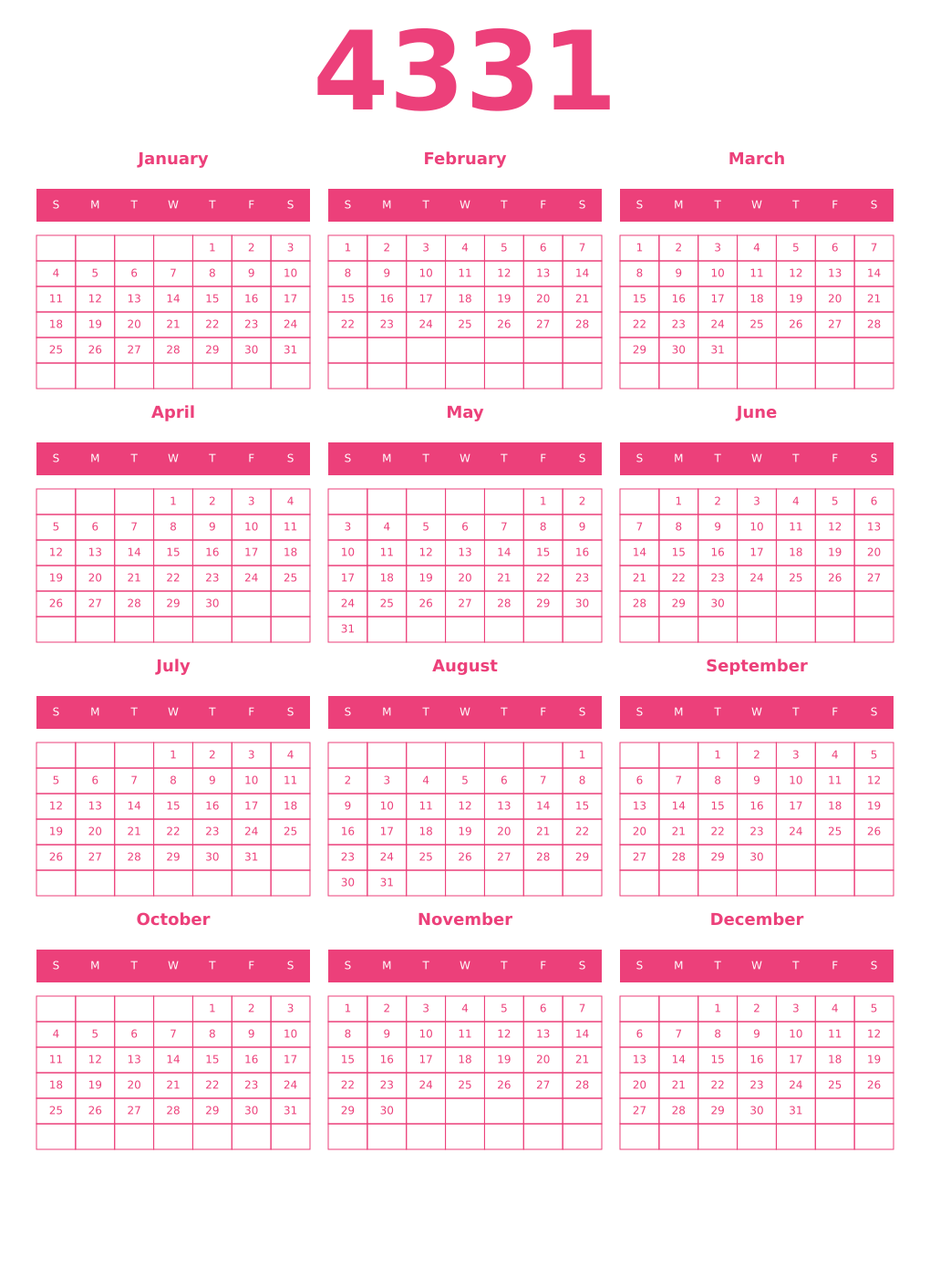 Printable 4331 Year Calendars pink
