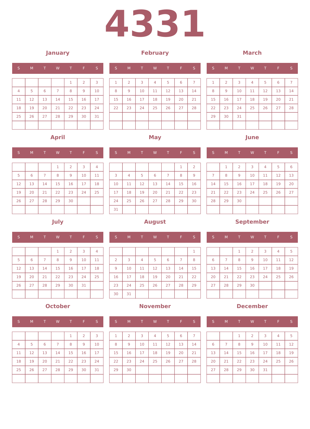 Printable 4331 Year Calendars puce