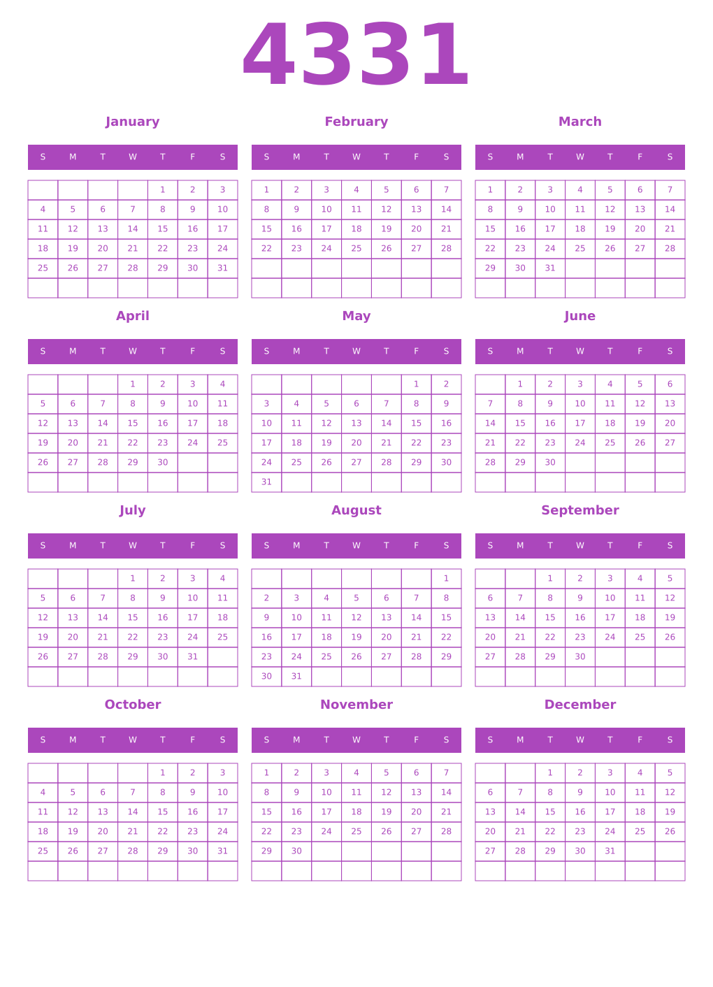 Printable 4331 Year Calendars purple