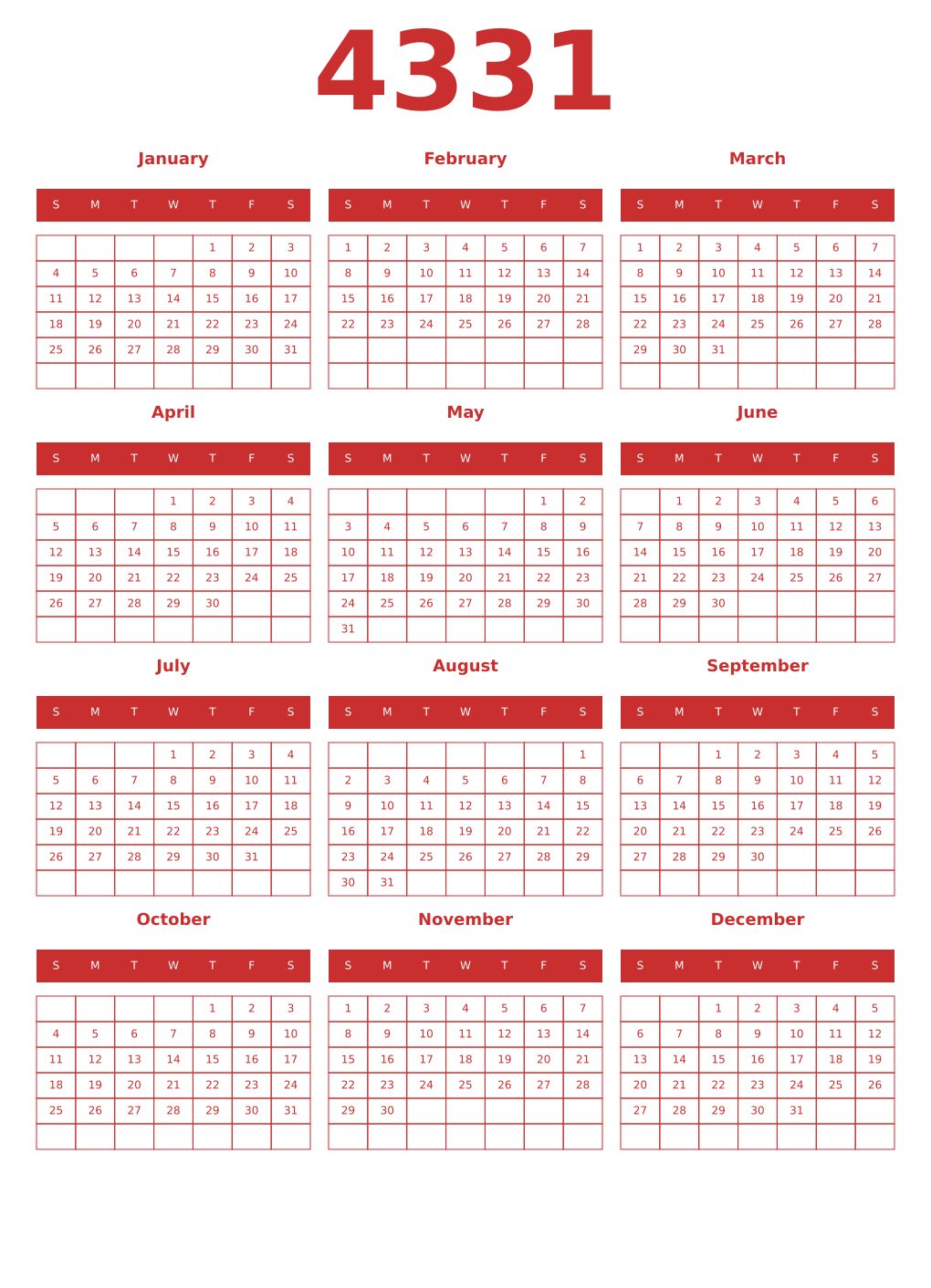 Printable 4331 Year Calendars red