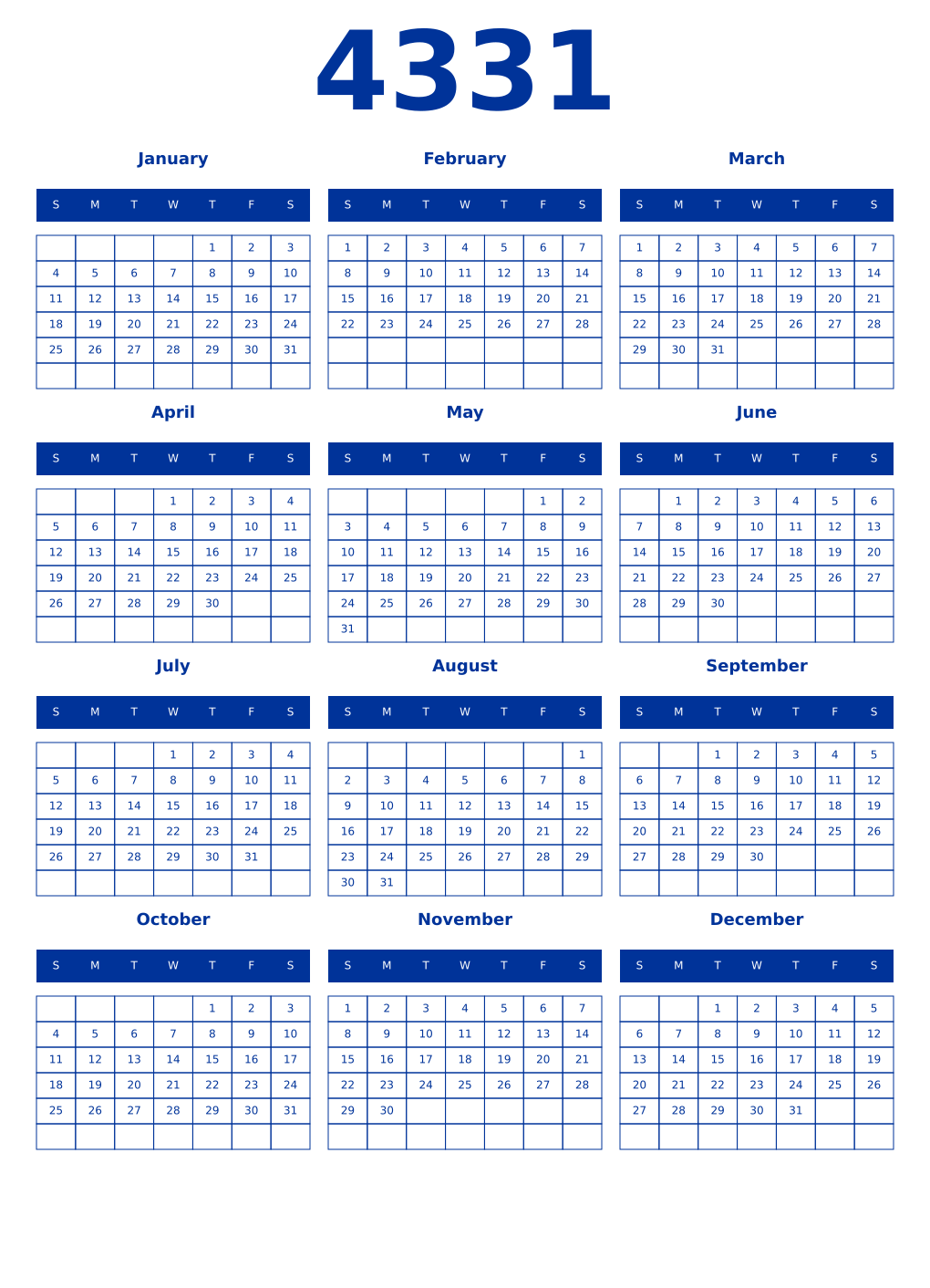 Printable 4331 Year Calendars smalt