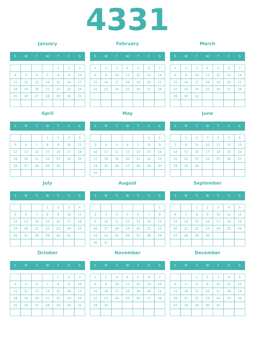 Printable 4331 Year Calendars verdigris