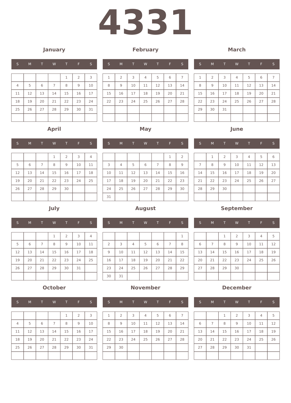 Printable 4331 Year Calendars wenge