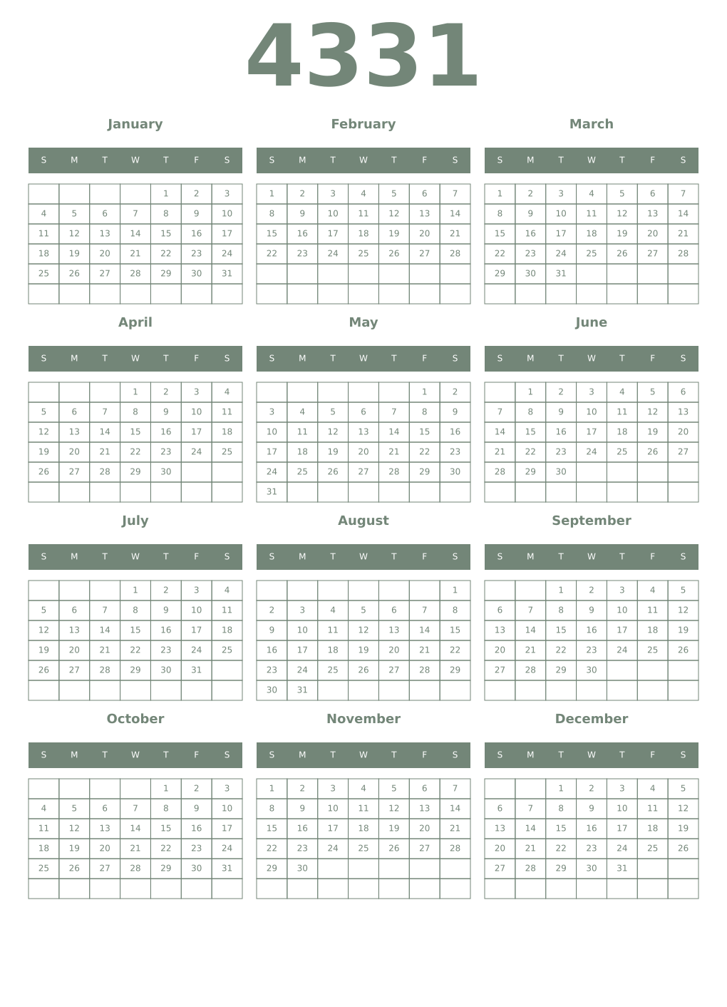 Printable 4331 Year Calendars xanadu