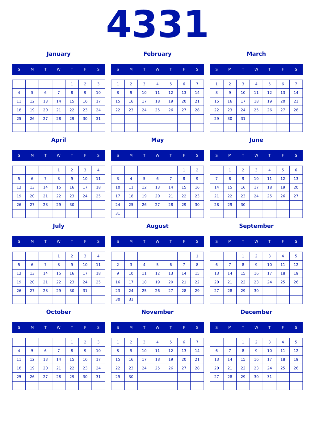 Printable 4331 Year Calendars zaffre