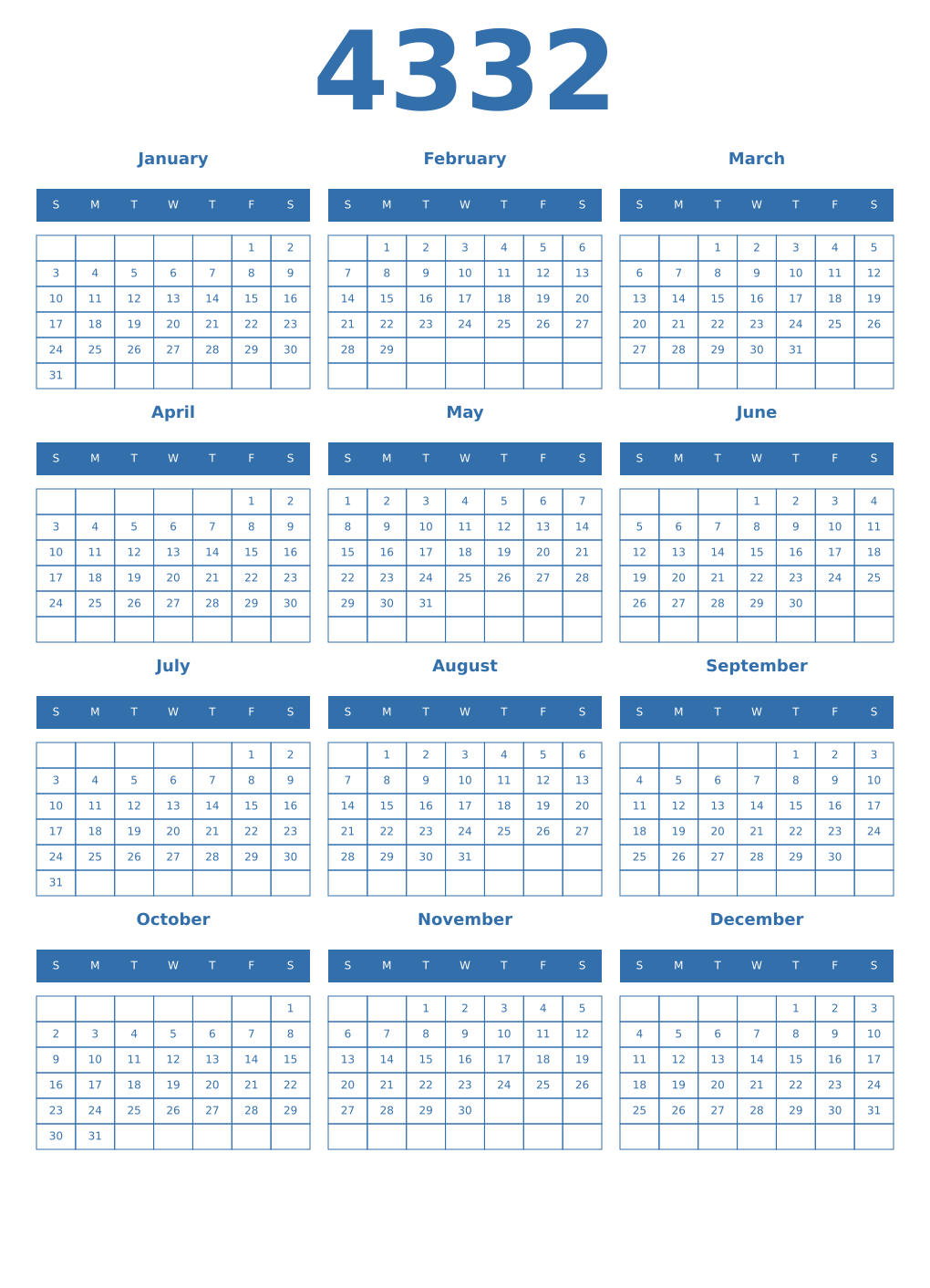 Printable 4332 Year Calendars blue