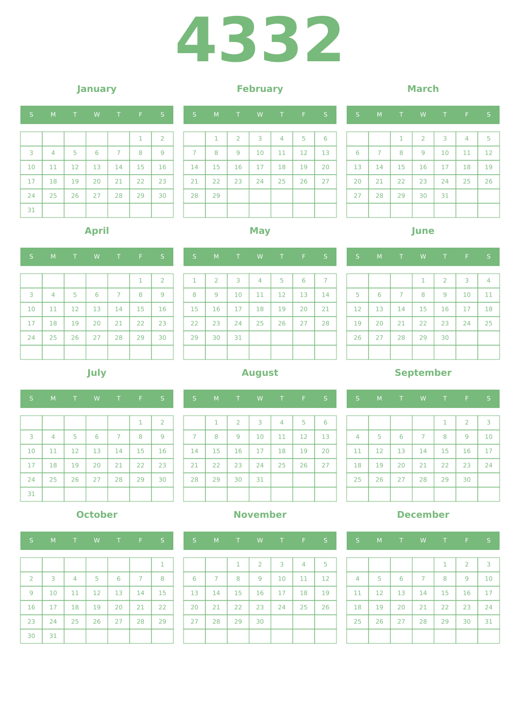 Printable 4332 Year Calendars celadon