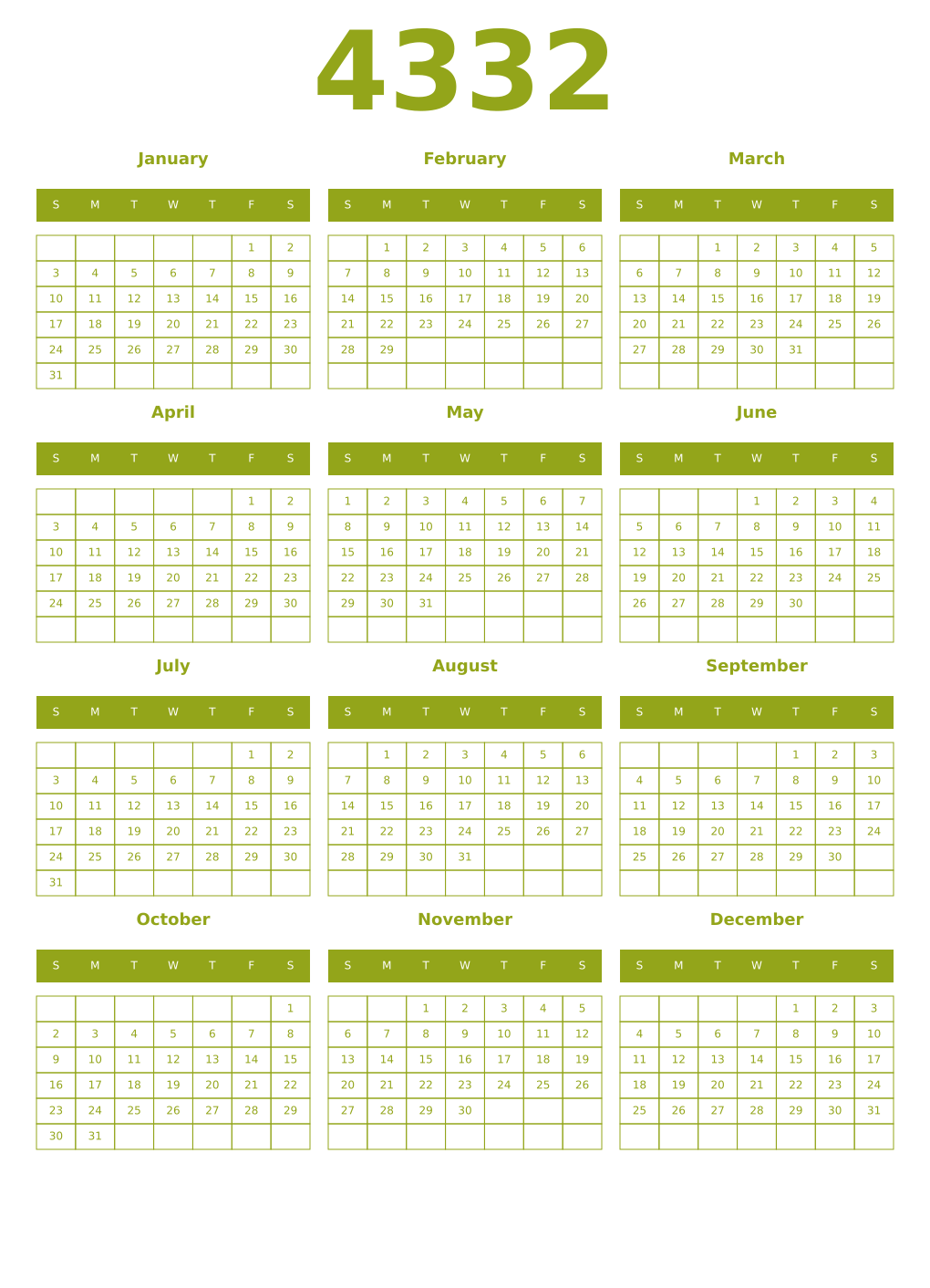 Printable 4332 Year Calendars chartreuse