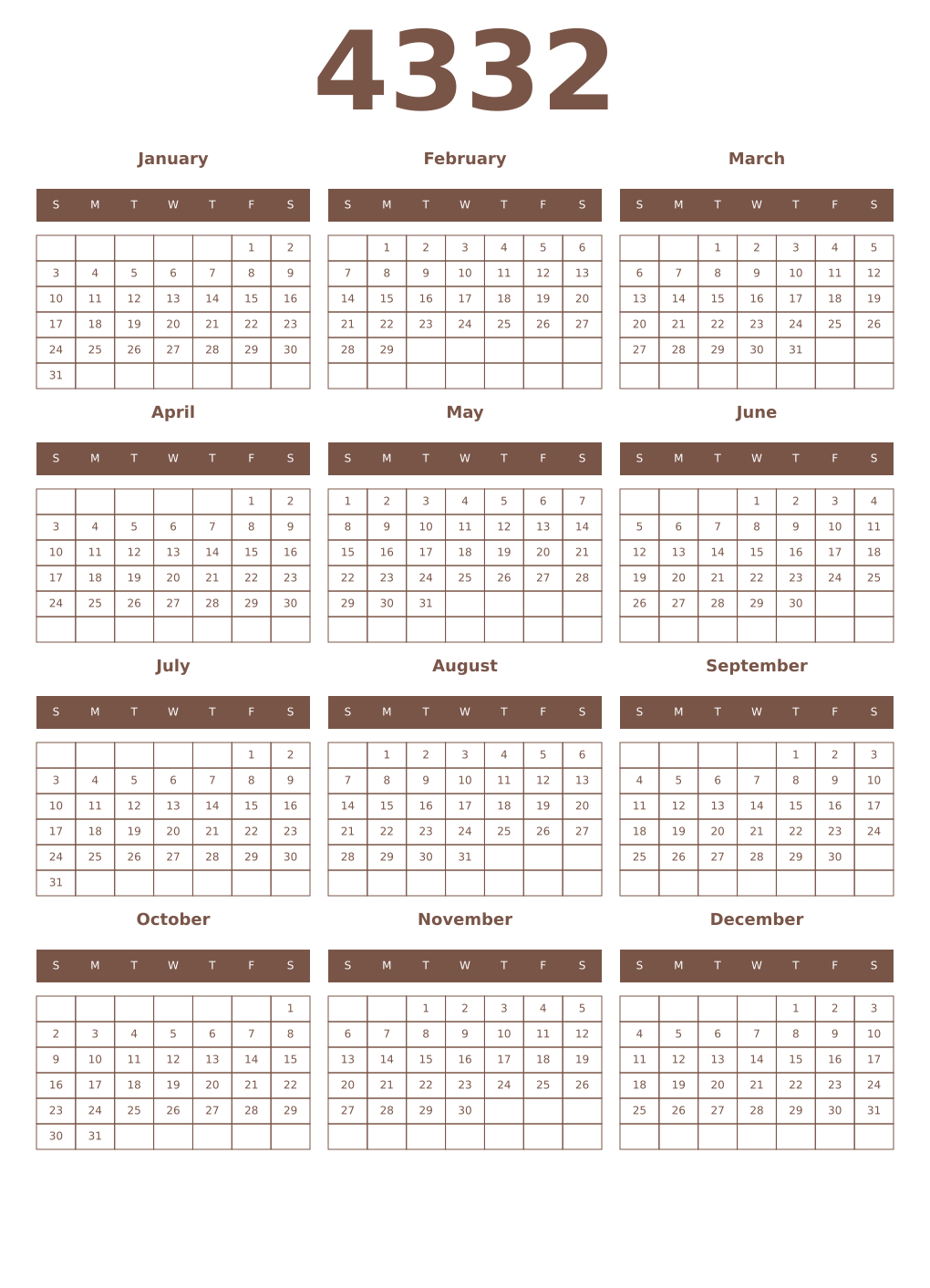 Printable 4332 Year Calendars coffe