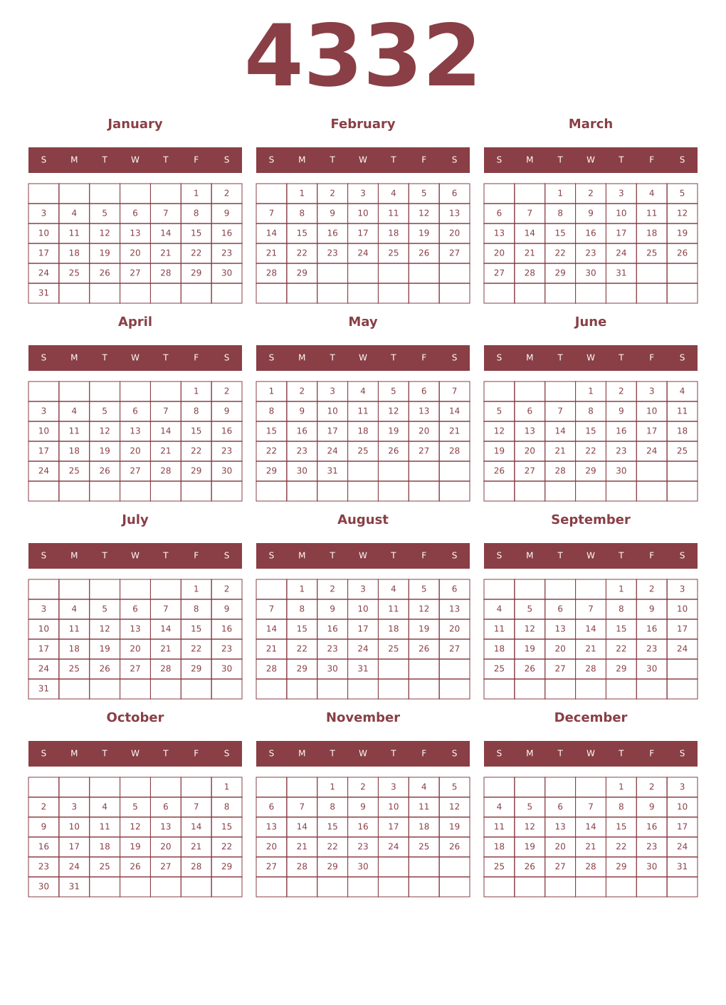 Printable 4332 Year Calendars cordovan