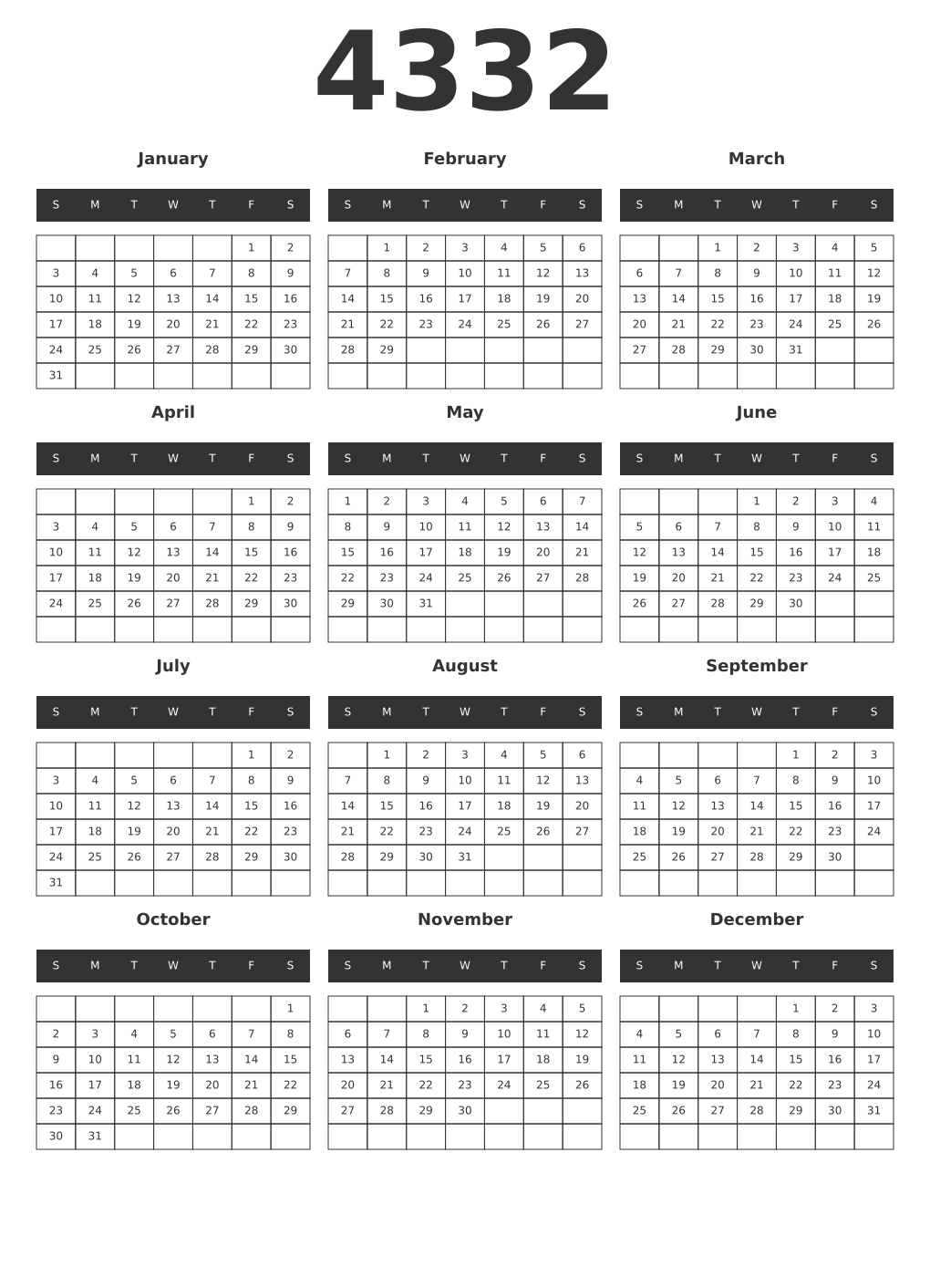 Printable 4332 Year Calendars dark