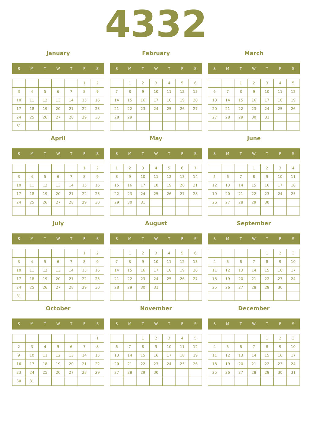 Printable 4332 Year Calendars eburnean