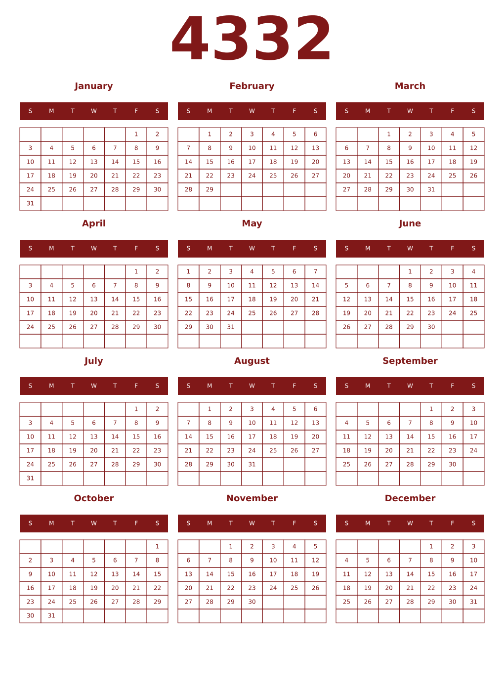 Printable 4332 Year Calendars falu