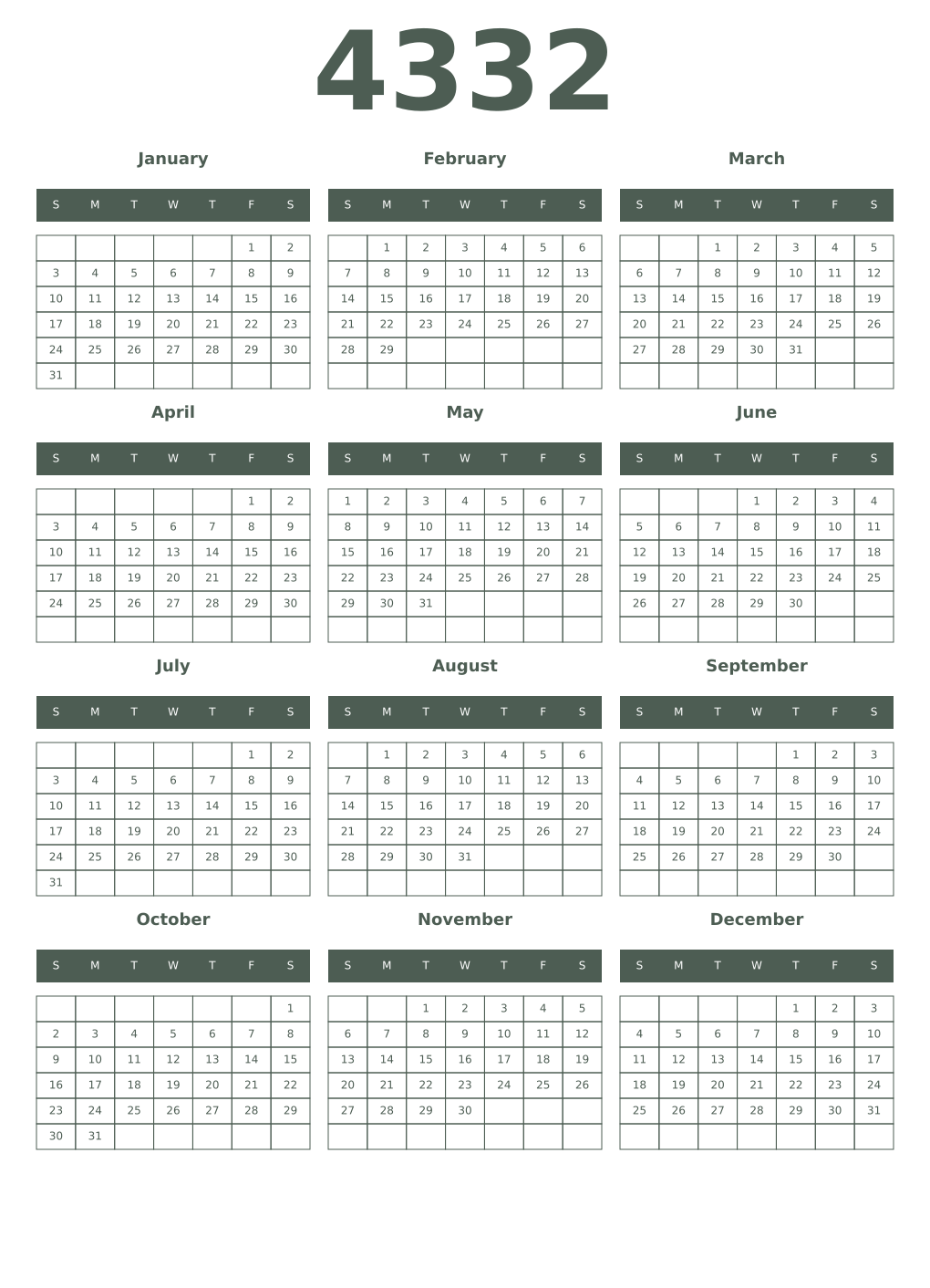Printable 4332 Year Calendars feldgrau