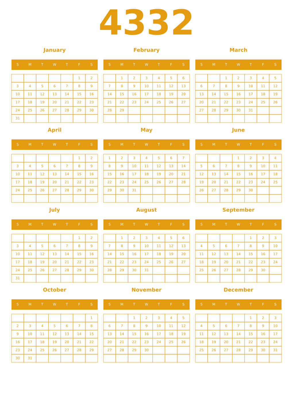 Printable 4332 Year Calendars gamboge