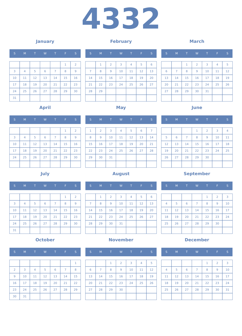 Printable 4332 Year Calendars glaucous