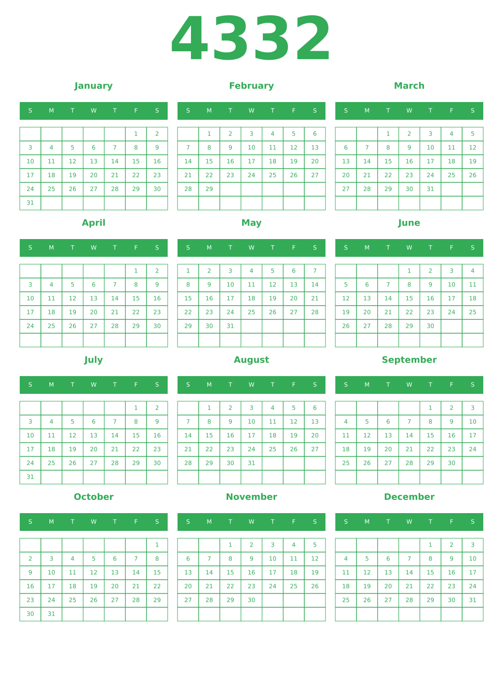 Printable 4332 Year Calendars green