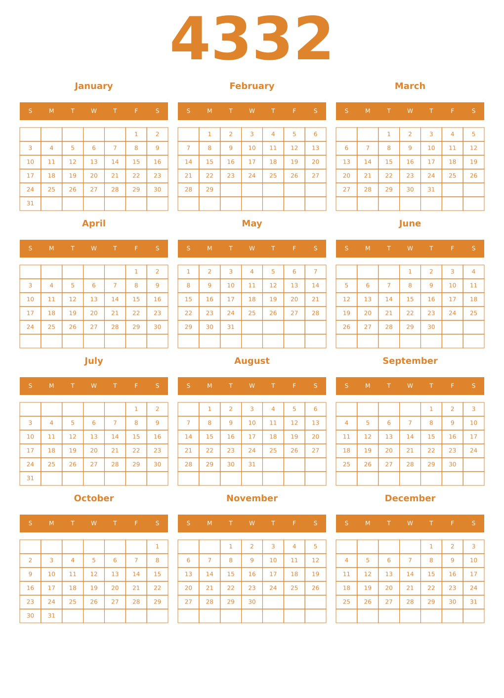 Printable 4332 Year Calendars orange