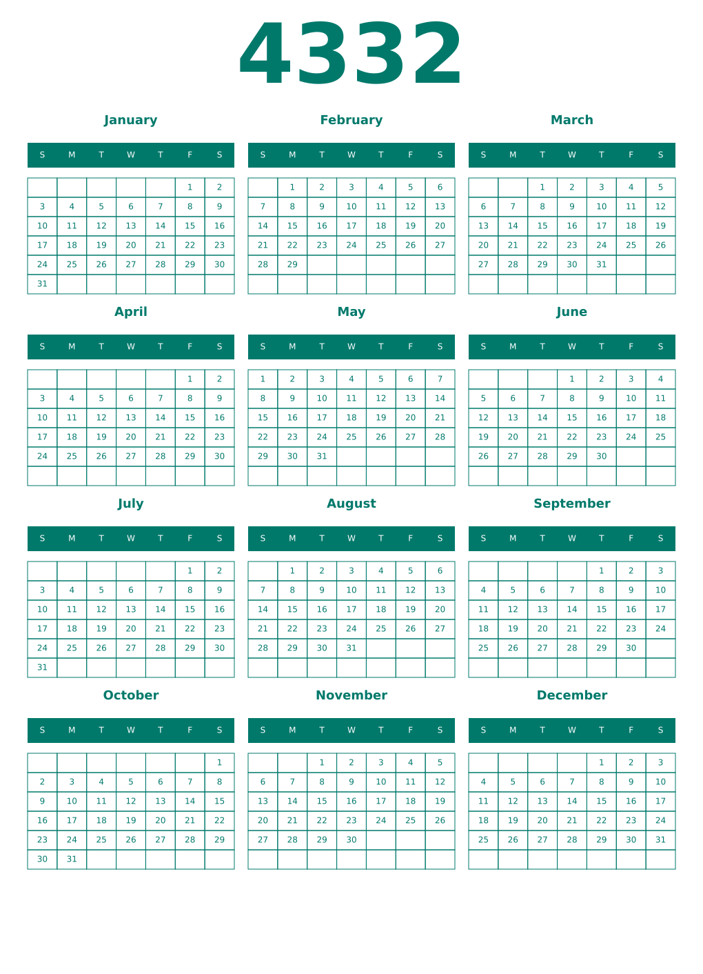 Printable 4332 Year Calendars pastel