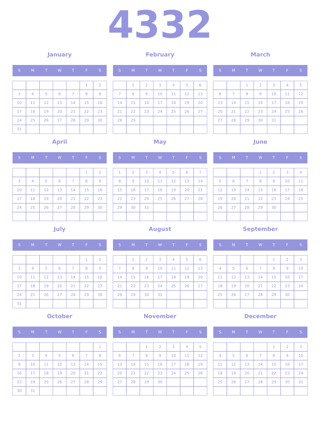 Printable 4332 Year Calendars periwinkle