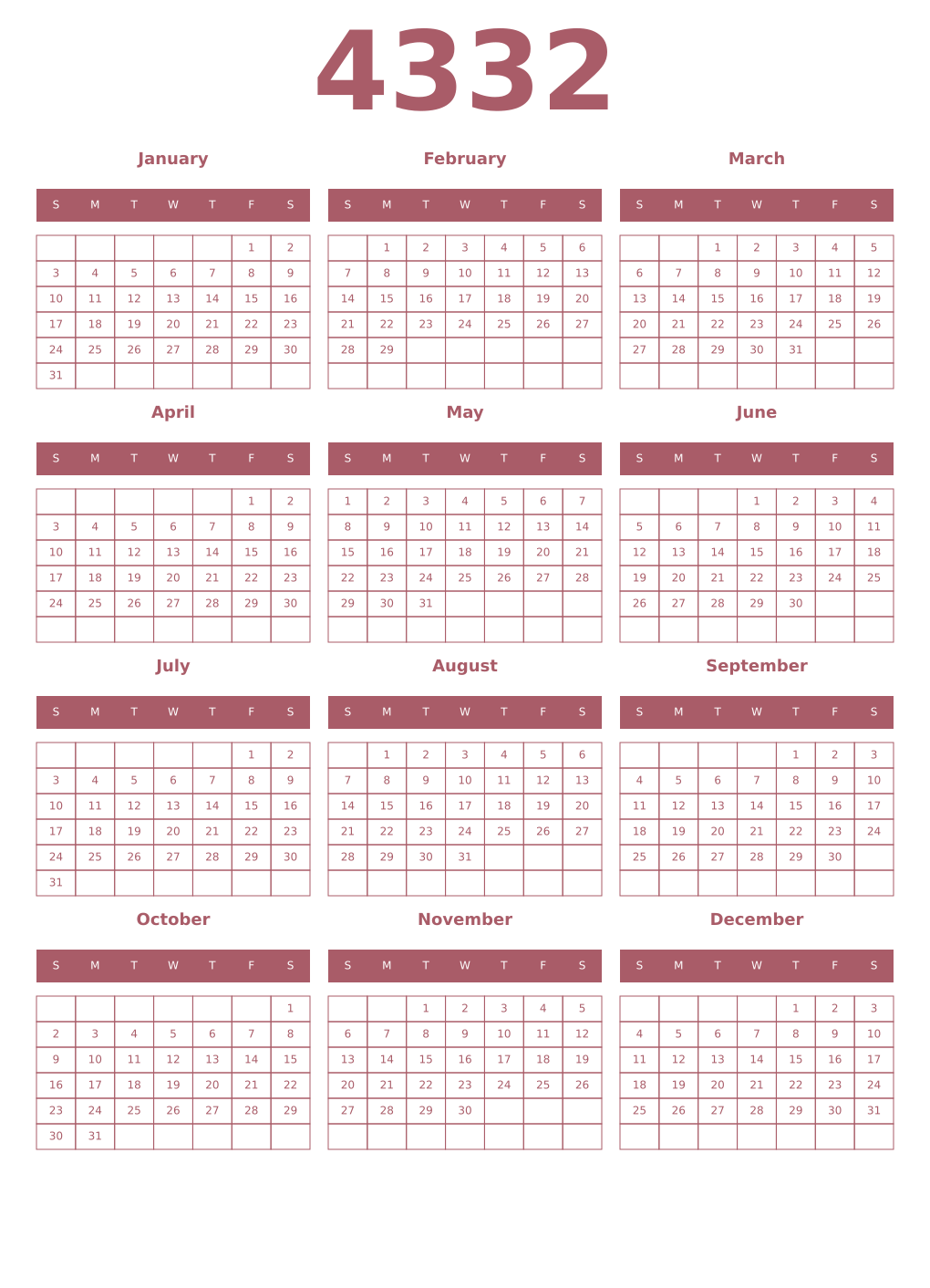 Printable 4332 Year Calendars puce