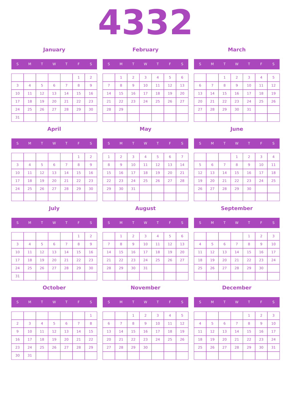 Printable 4332 Year Calendars purple