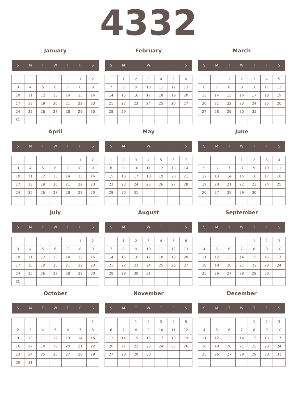 Printable 4332 Year Calendars wenge