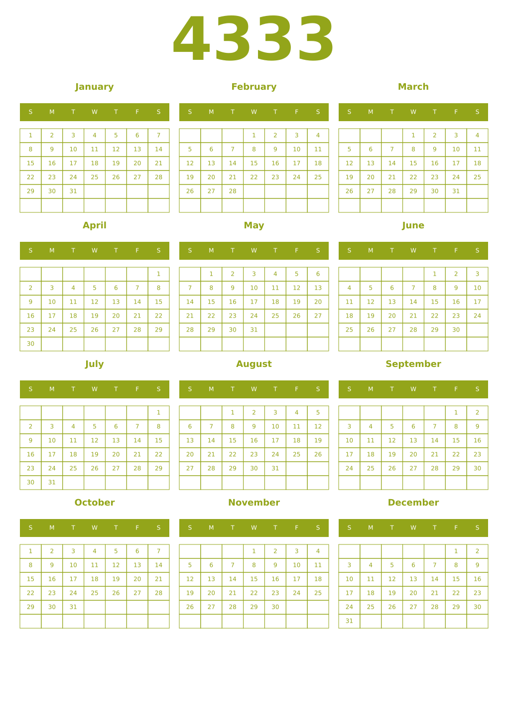 Printable 4333 Year Calendars chartreuse