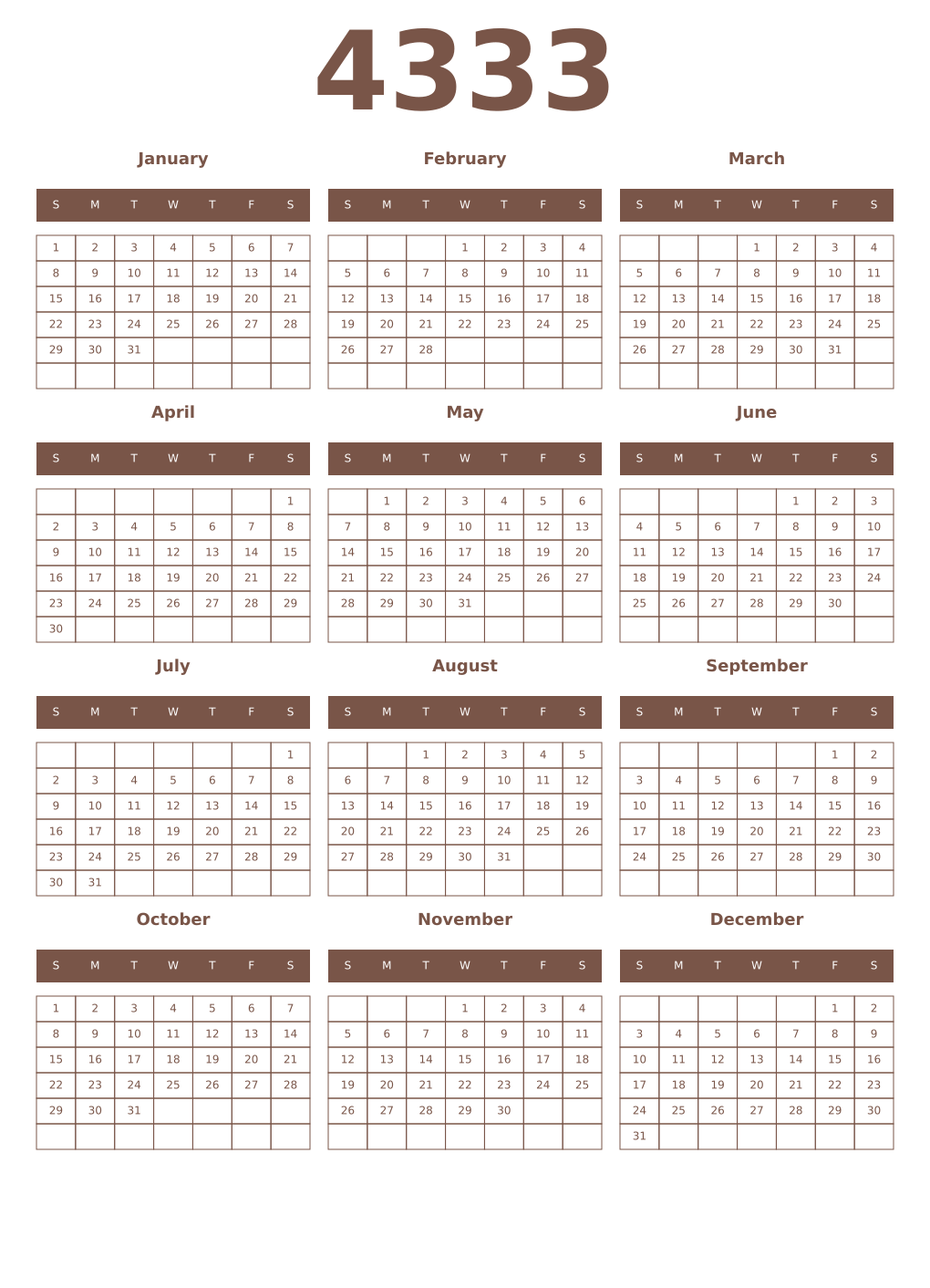 Printable 4333 Year Calendars coffe
