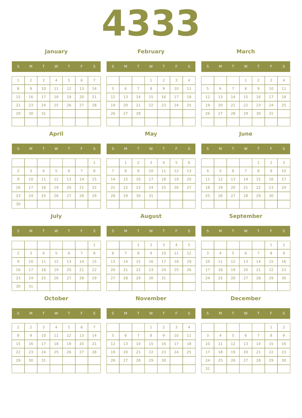 Printable 4333 Year Calendars eburnean