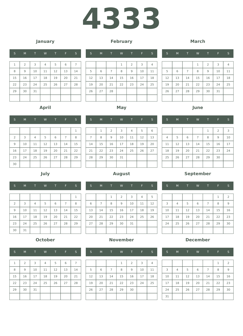 Printable 4333 Year Calendars feldgrau