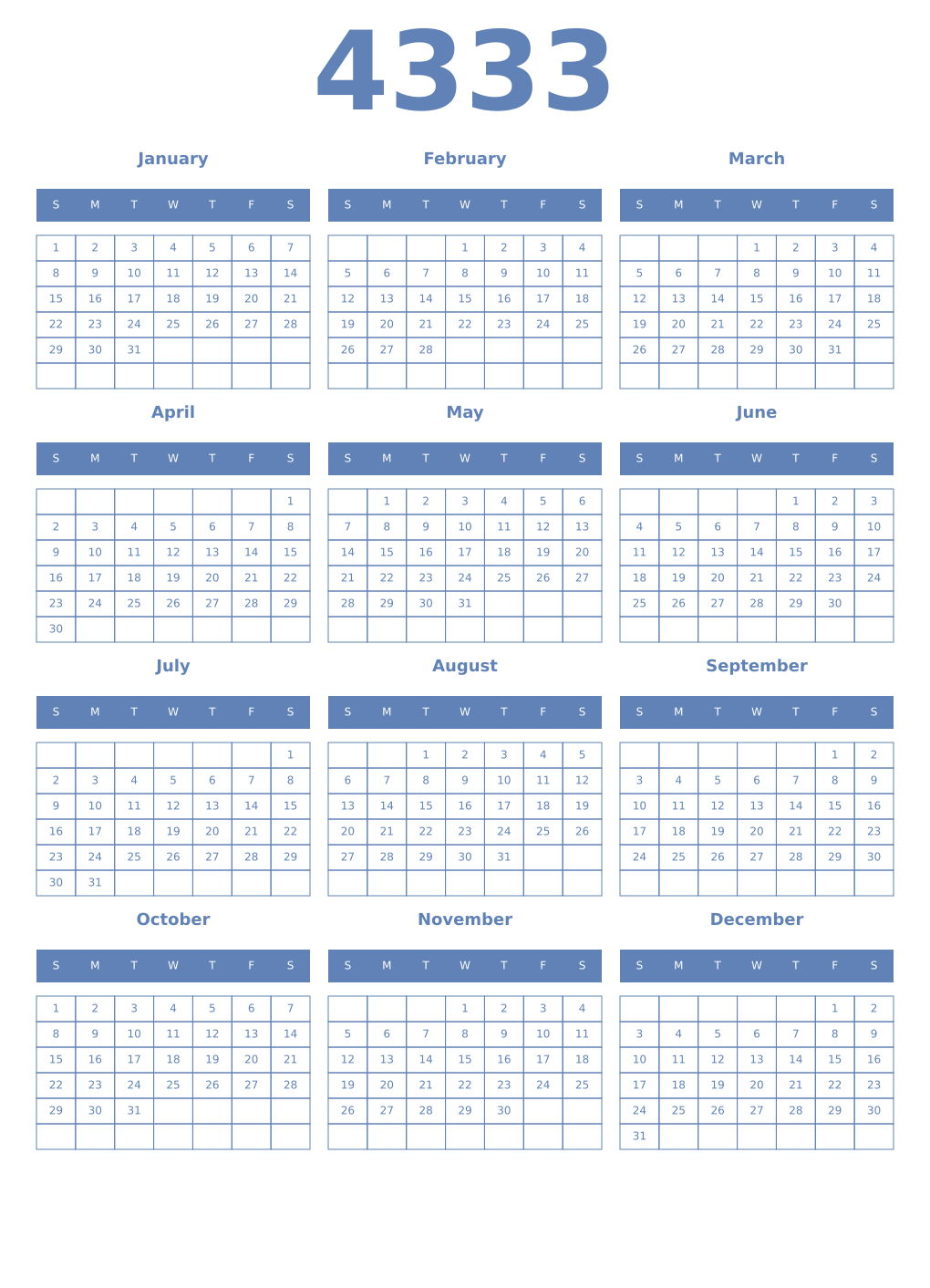 Printable 4333 Year Calendars glaucous