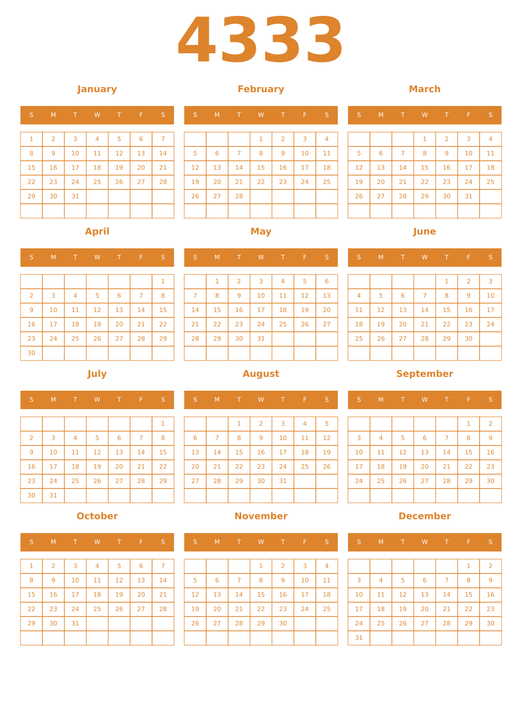 Printable 4333 Year Calendars orange