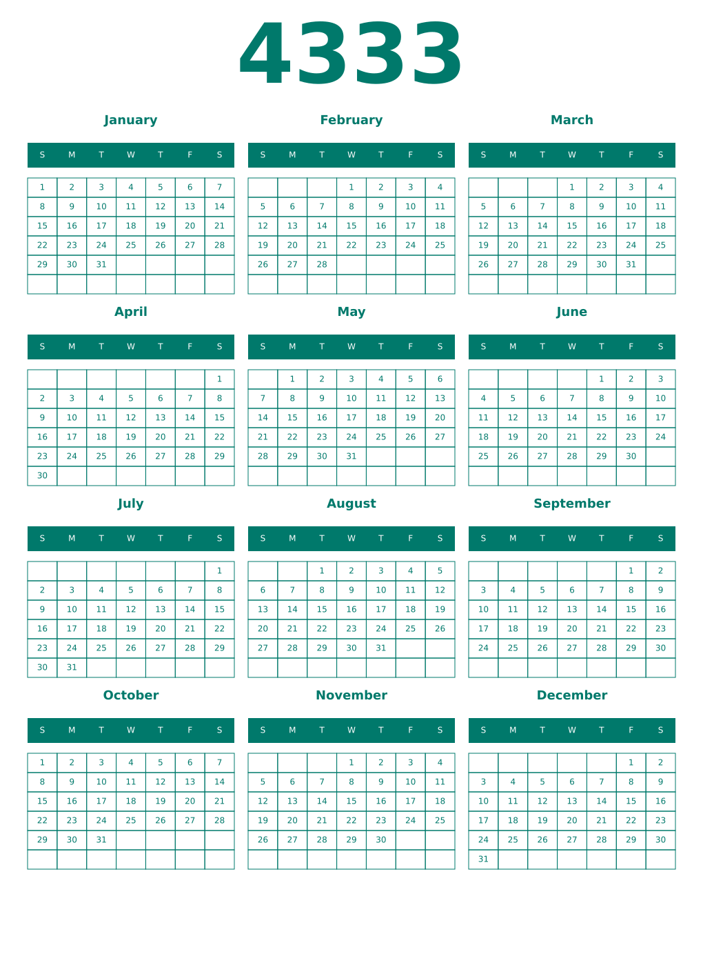 Printable 4333 Year Calendars pastel