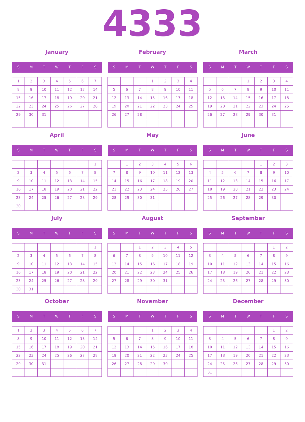 Printable 4333 Year Calendars purple