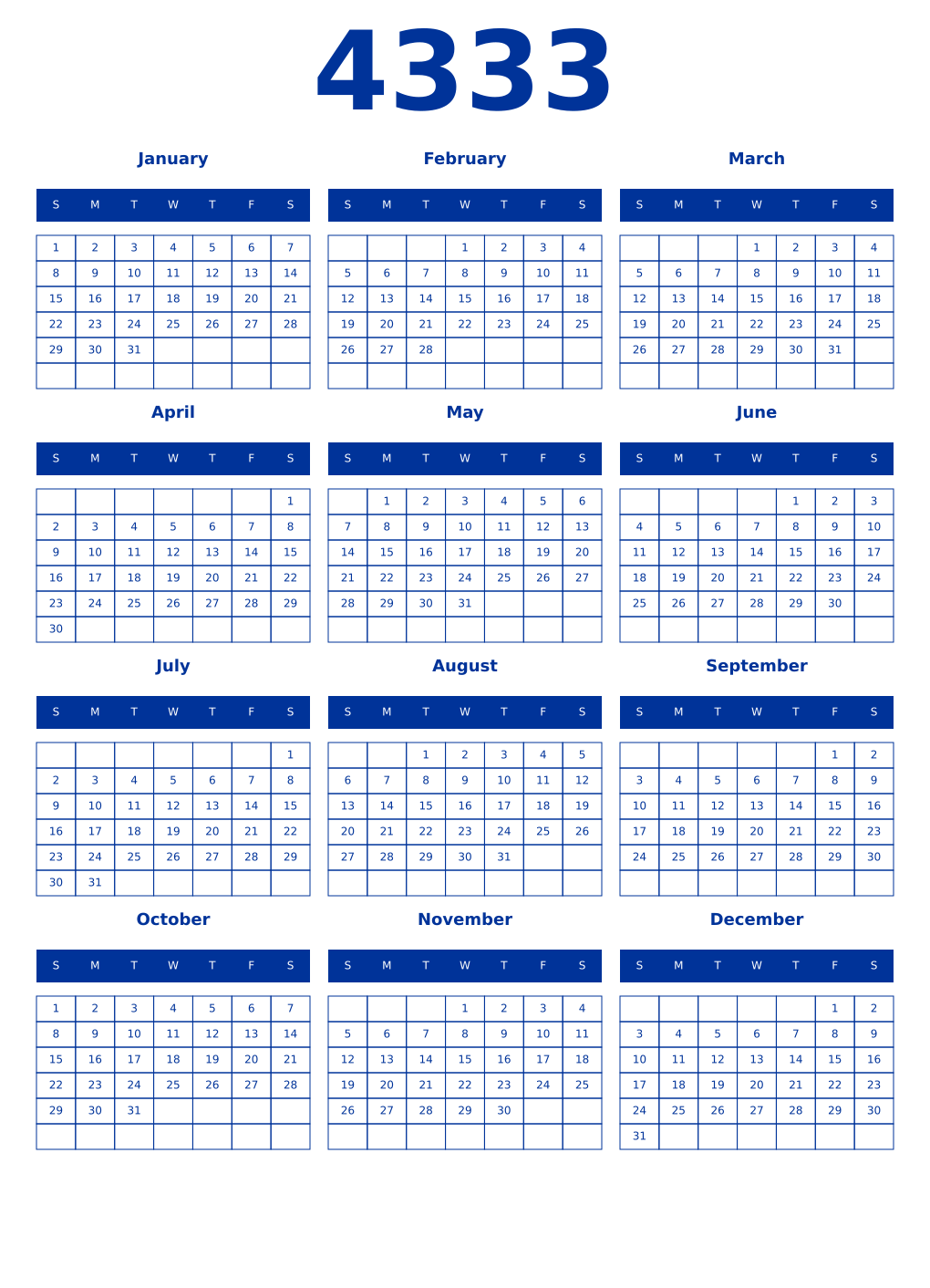 Printable 4333 Year Calendars smalt