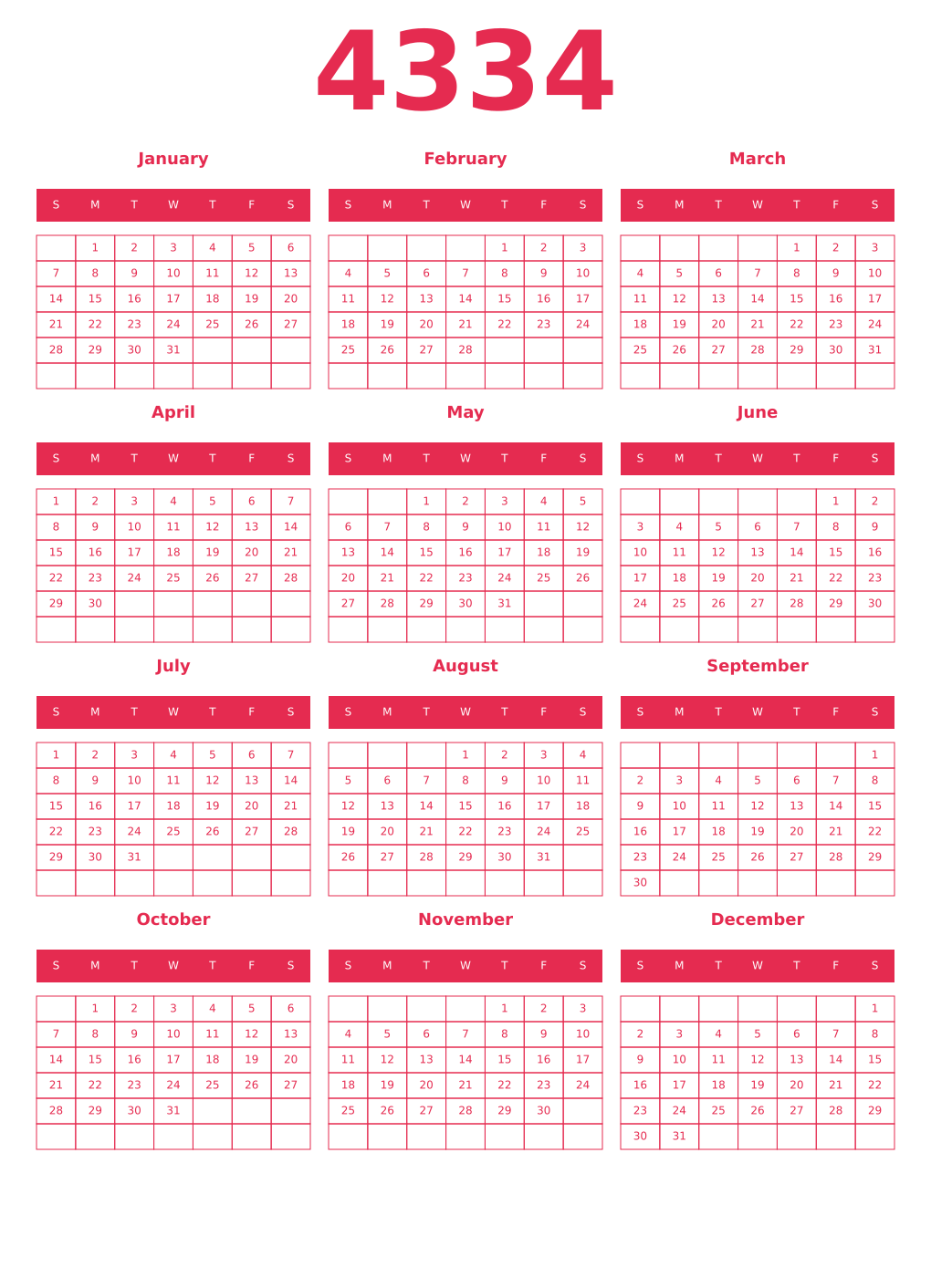 Printable 4334 Year Calendars amaranth