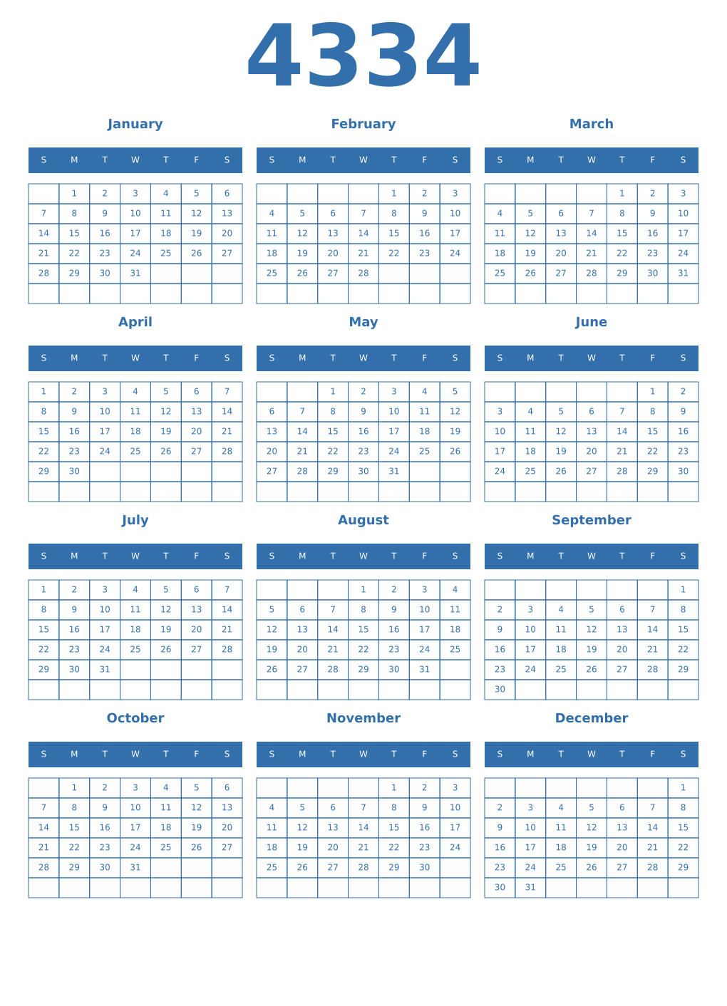 Printable 4334 Year Calendars blue