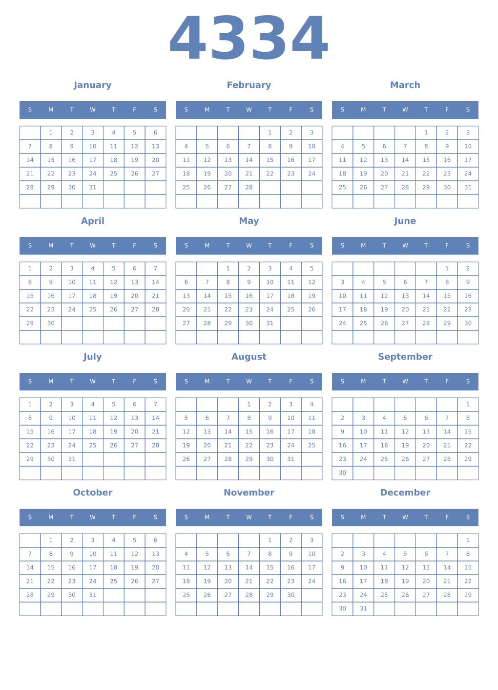 Printable 4334 Year Calendars glaucous
