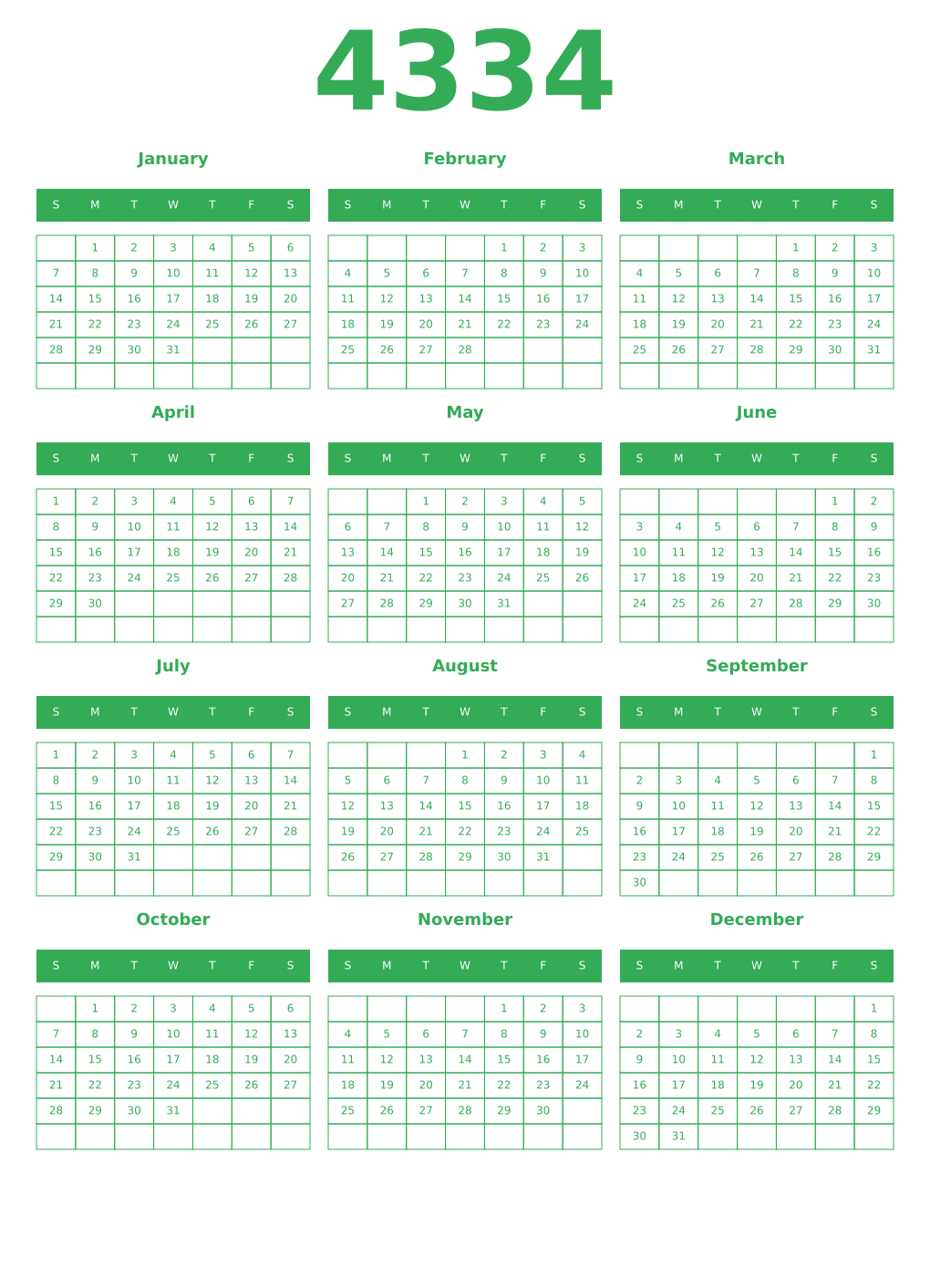 Printable 4334 Year Calendars green