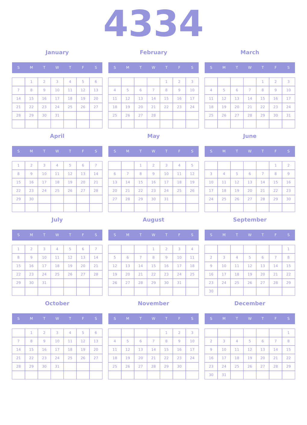 Printable 4334 Year Calendars periwinkle