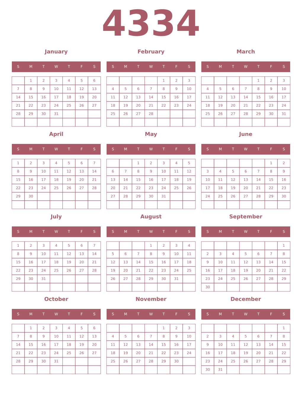 Printable 4334 Year Calendars puce