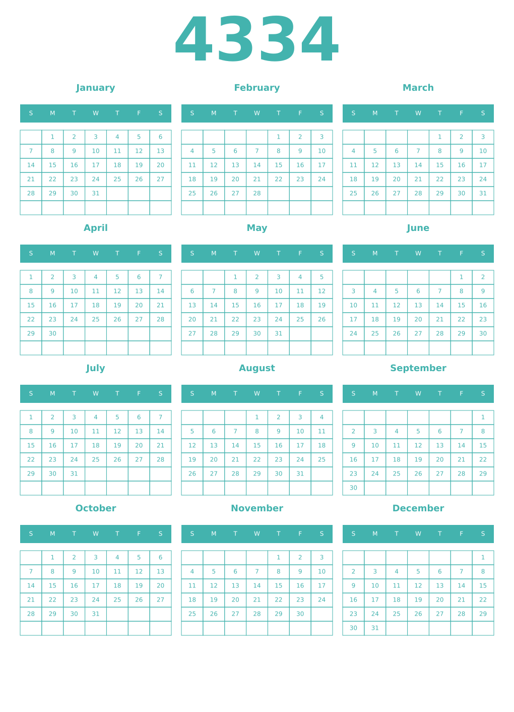 Printable 4334 Year Calendars verdigris