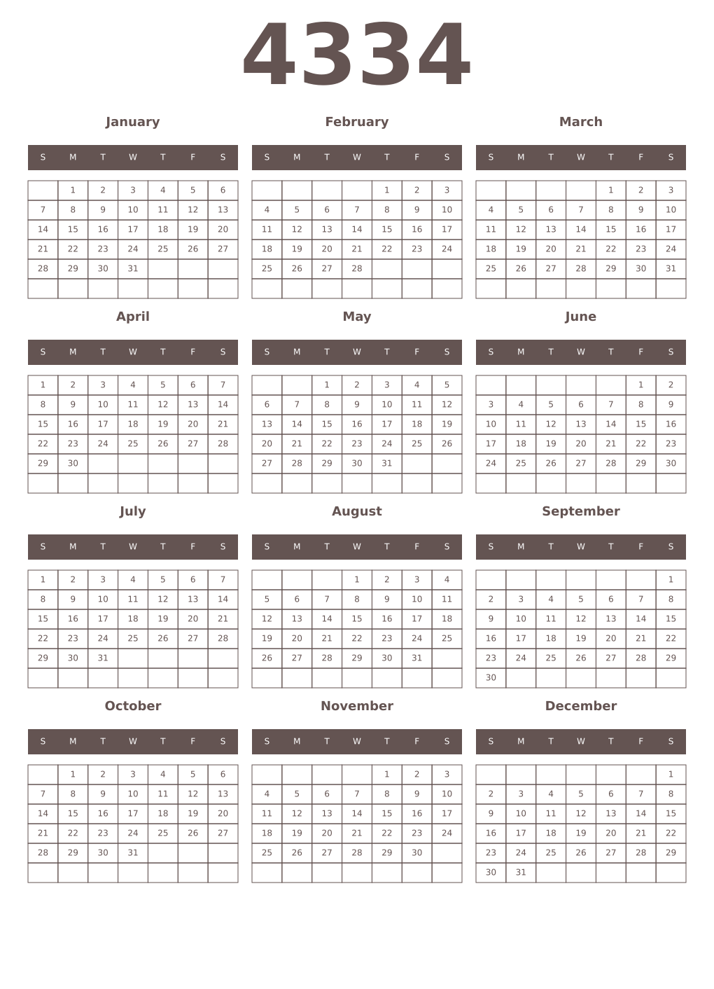 Printable 4334 Year Calendars wenge