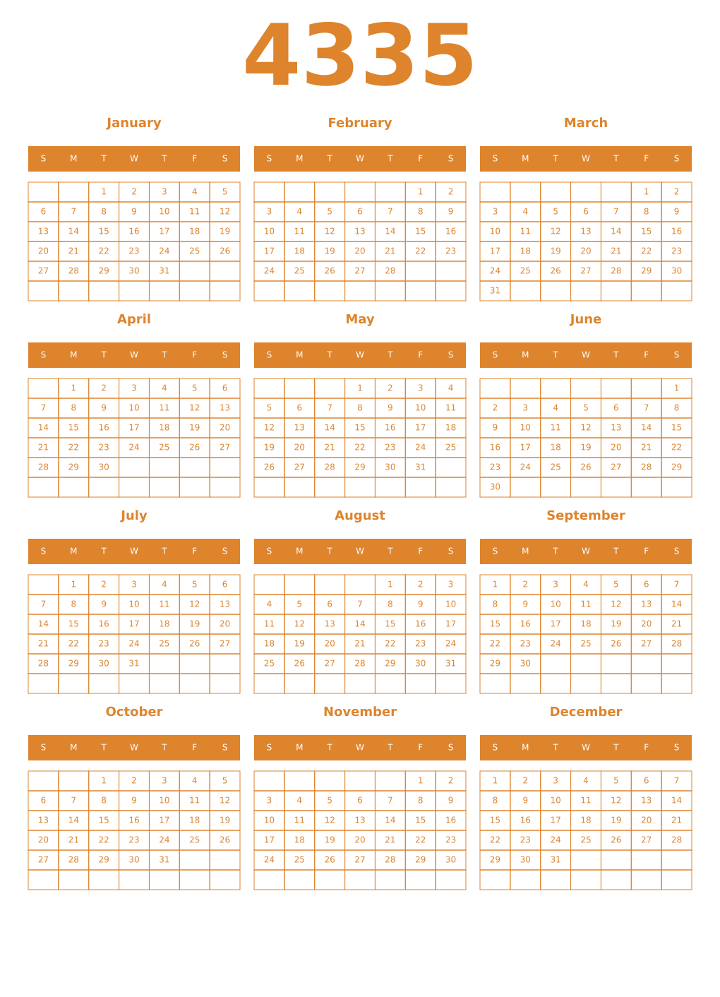 Printable 4335 Year Calendars orange