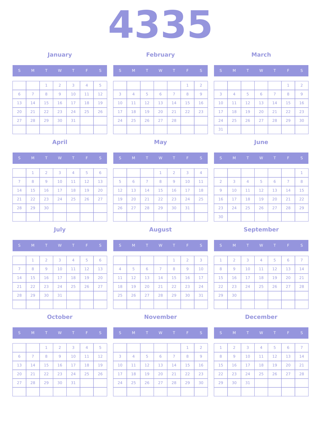 Printable 4335 Year Calendars periwinkle