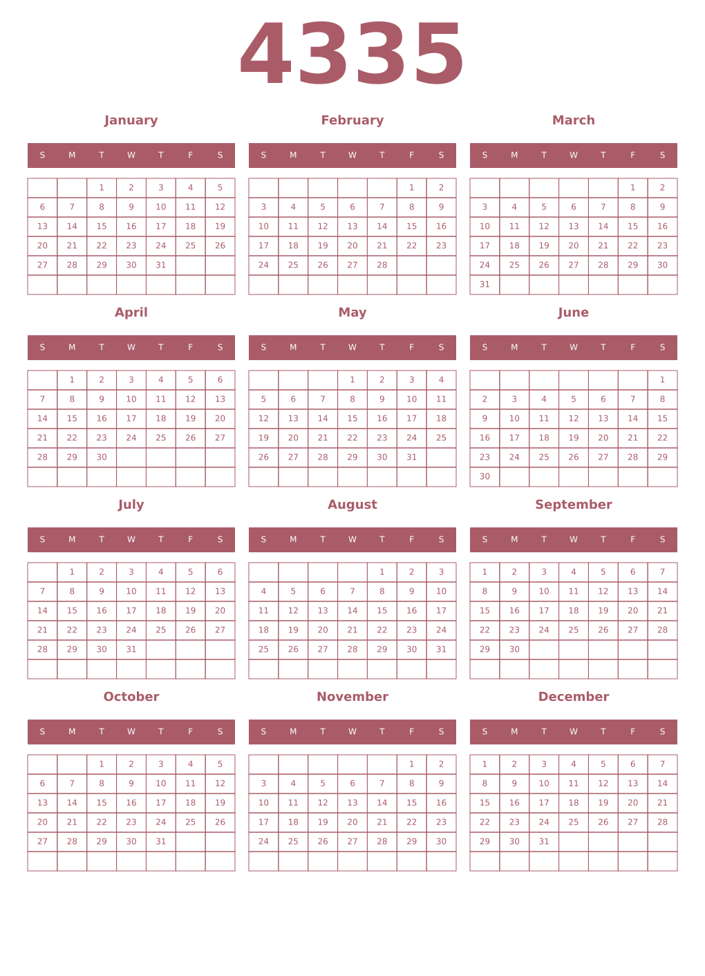 Printable 4335 Year Calendars puce